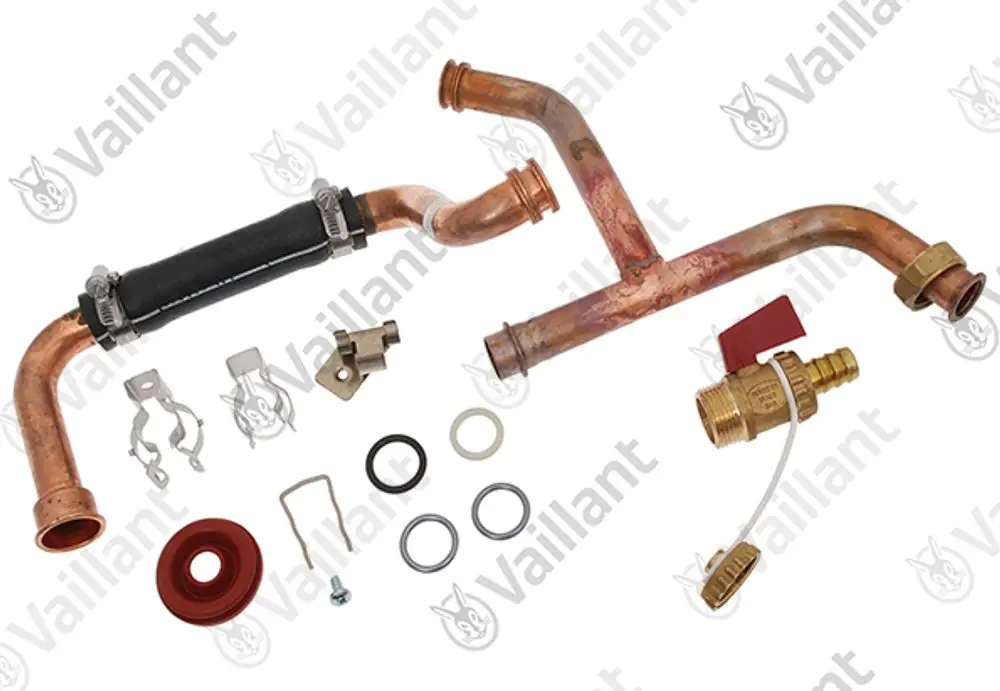Vaillant Rohrset mit Kupferrohren, Dichtungen, Ventil und Befestigungselementen für Heizungsanwendungen. Komponenten in verschiedenen Formen und Größen.